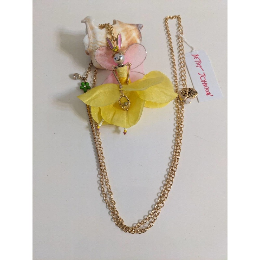 Betsey Johnson FAIRY BUNNY Gold Tone Faux Pearls & CZ Crystals Long Necklace NEW - Picture 2 of 9